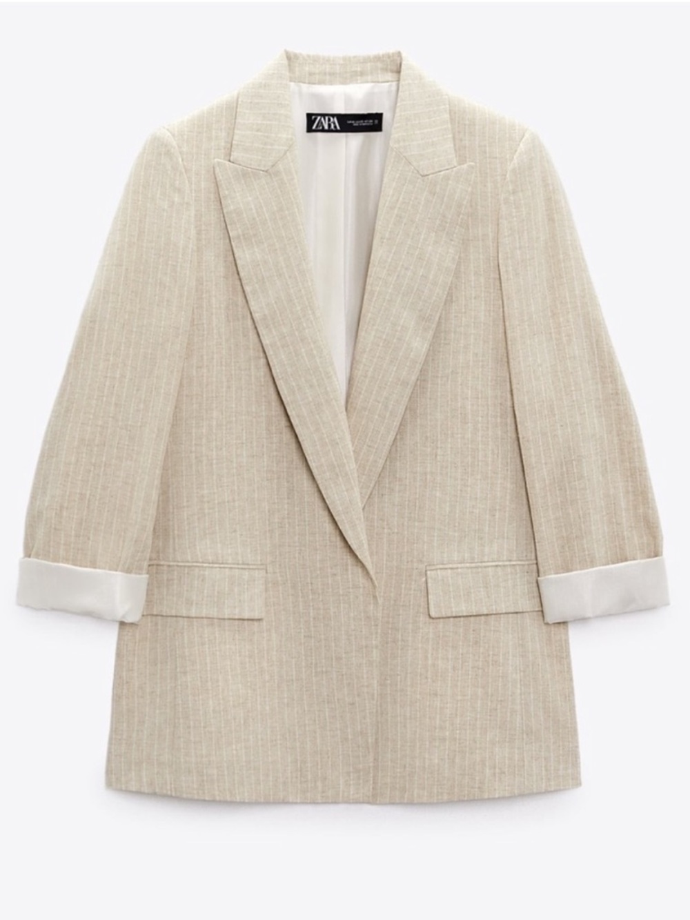 Zara Light Beige Pinstripe Linen-Blend Blazer Jacket